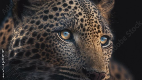 The blue small eyes of the spotted leopard with the fierce look AI generated