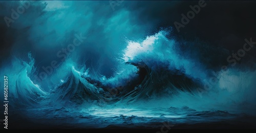 Blue waves smoky background, abstract splashing sea water, generative ai