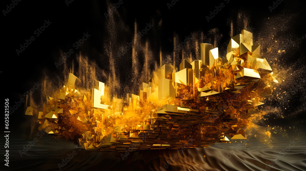 3d rendering of explosion of gold particles. Explosion of golden cubes. Ai generated 3d rendering of explosion of gold particles. Explosion of golden cubes. Ai generated
