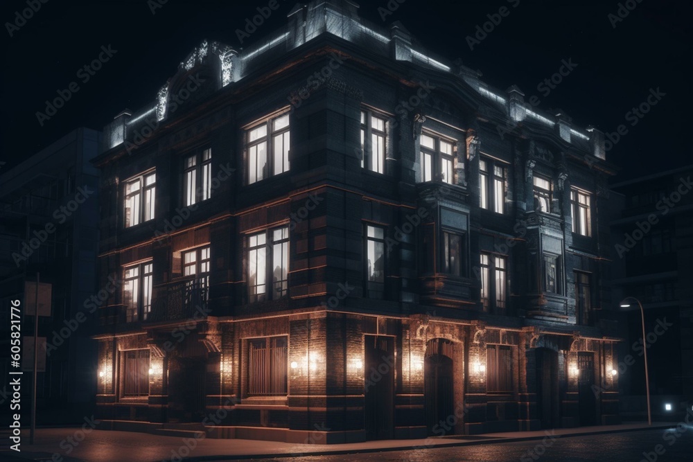 Nighttime 3D model of exterior building. Generative AI