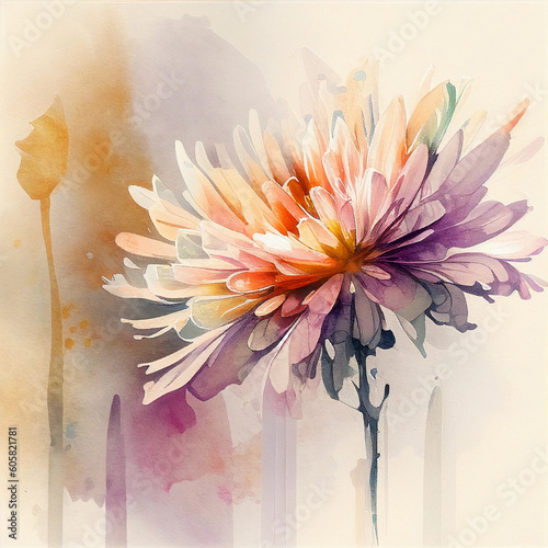 Generative AI. Chrysanthemum flower and leaves, watercolor painting on white paper
