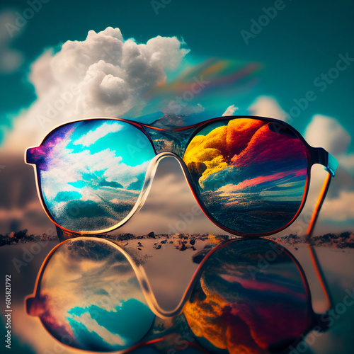Closeup of mirror protective sunglasses on sandy beach at tropical seaside on warm sunny day. Generative AI.