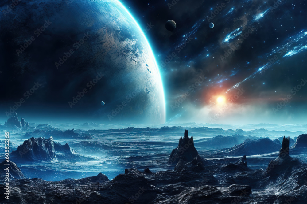 Generative AI. Space Art: Alien Planet - A Fantasy Landscape with dark blue skies and planets