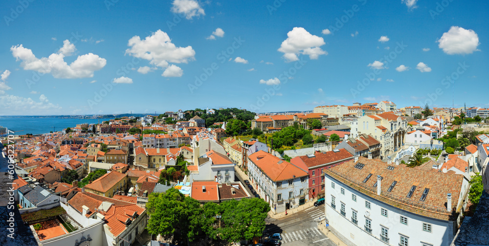 Sea view and cityscape from roof. Lisbon, Portugal.