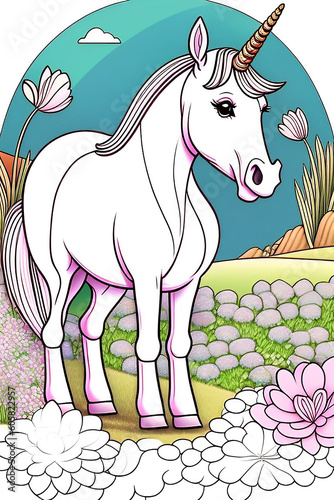 Magical Unicorn decorative with flowers and leaves and a simple background. Sketch animals. Animals coloring page. 