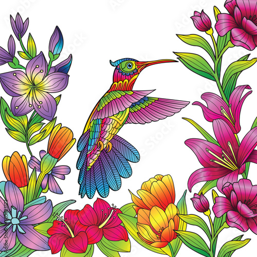 Midnight tropical hummingbirds adult coloring vector for stress relieving and mind relaxation