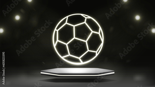 Neon bright soccer ball on the podium with shining spotlights. Background for a sports banner.