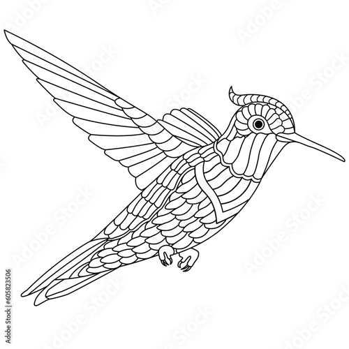 Flying hummingbird mandala hand-drawn vector coloring page for adults