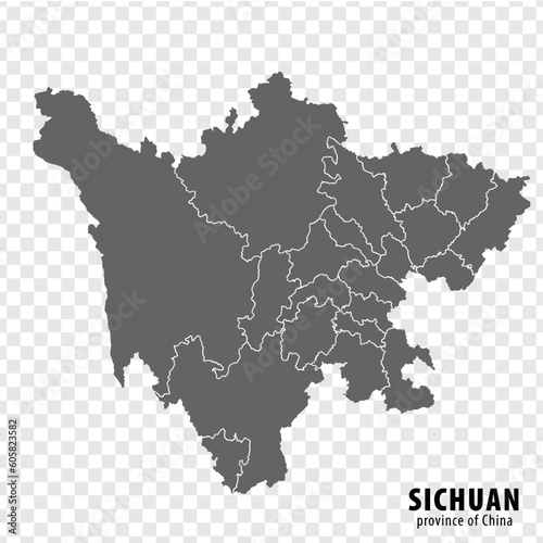 Blank map Province Sichuan of China. High quality map Sichuan with municipalities on transparent background for your web site design, logo, app, UI. People's Republic of China. EPS10.