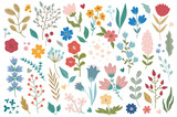Flowers and herbs mega set graphic elements in flat design. Bundle of abstract wildflowers, daisy, rose, hyacinth and other meadow blossoms, plants with leaves. Vector illustration isolated objects