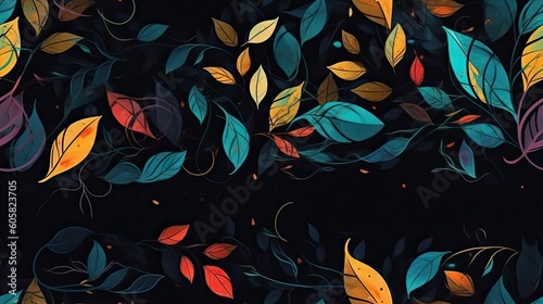 Black background with colorful leaves  organic composition  dreamy branches  generative ai