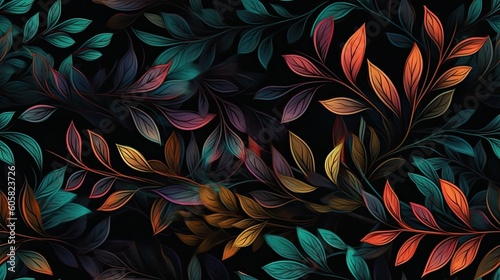 Black background with colorful leaves  organic composition  dreamy branches  generative ai