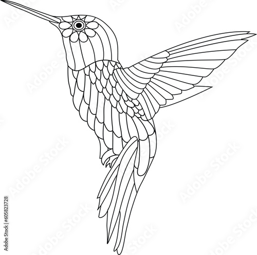 Antistress Line art design hummingbird coloring book page illustration for kids
