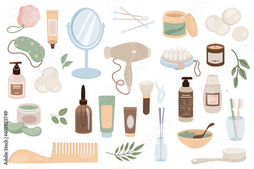 Bathroom items mega set graphic elements in flat design. Bundle of creams, mirror, cotton buds, cosmetics, sleep mask, lotion, hair dryer, massage brush, other. Vector illustration isolated objects