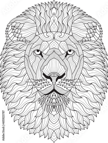 Zentangle black and white hand-drawn lion coloring page illustration | Wildlife lion coloring book page |