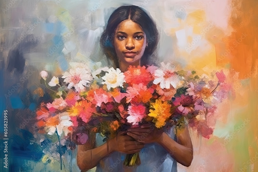 abstract oil painting of a young woman holding a large bouquet of summer flowers, generative AI abstract oil painting of a young woman holding a large bouquet of summer flowers, generative AI