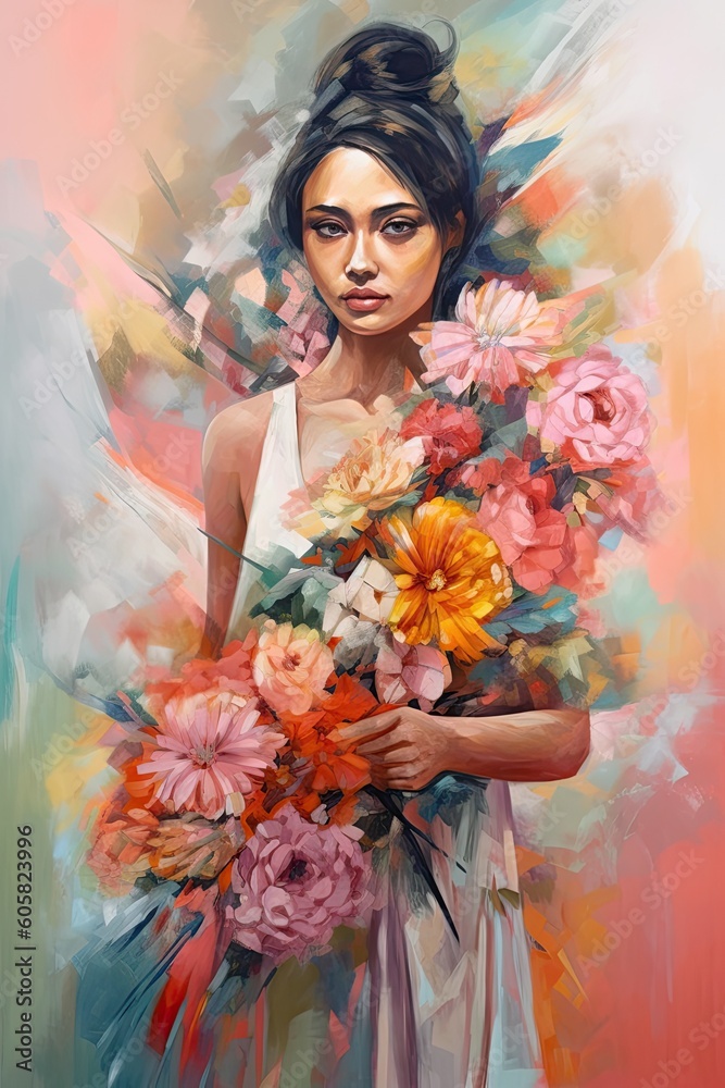 abstract oil painting of a young woman holding a large bouquet of summer flowers, generative AI abstract oil painting of a young woman holding a large bouquet of summer flowers, generative AI