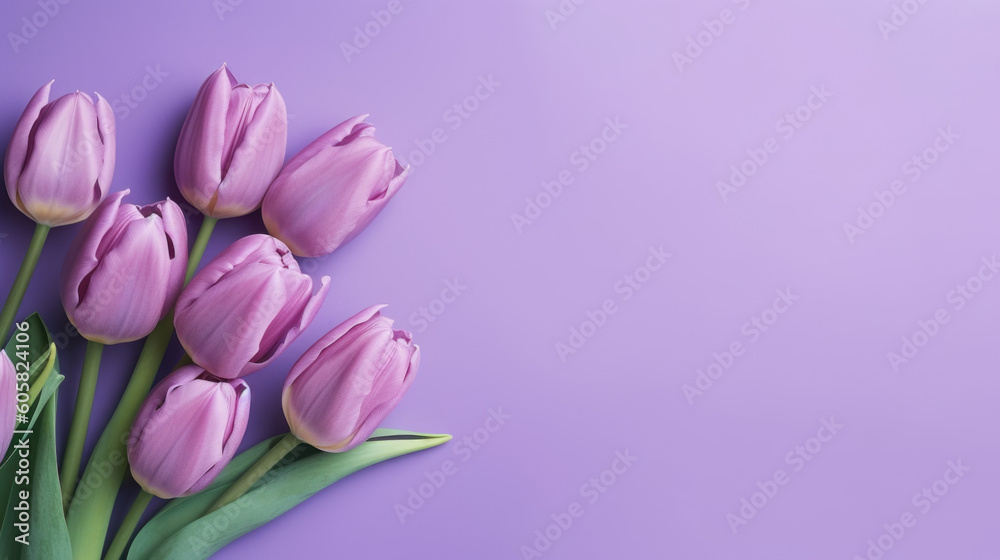 Bouquet of tulips on purple violet background with copy space for text. Top view, mockup, flat lay composition, blog, website, social, Generative AI Bouquet of tulips on purple violet background with copy space for text. Top view, mockup, flat lay composition, blog, website, social, Generative AI