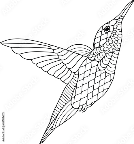 Hummingbird drinking nectar line art coloring page for adults or kids.
