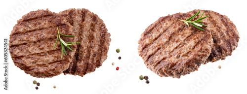 Beef cutlet grill with stripes outdoors with fresh rosemary branch isolated on transparent background png. grilled hamburger meat. 
