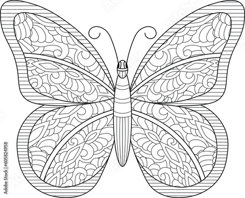 Beautiful butterfly zentangle black and white fictional mandala style coloring book page
