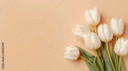 Bouquet of tulips on beige neutral cream background with copy space for text. Top view, mockup, flat lay composition, blog, website, social, Generative AI