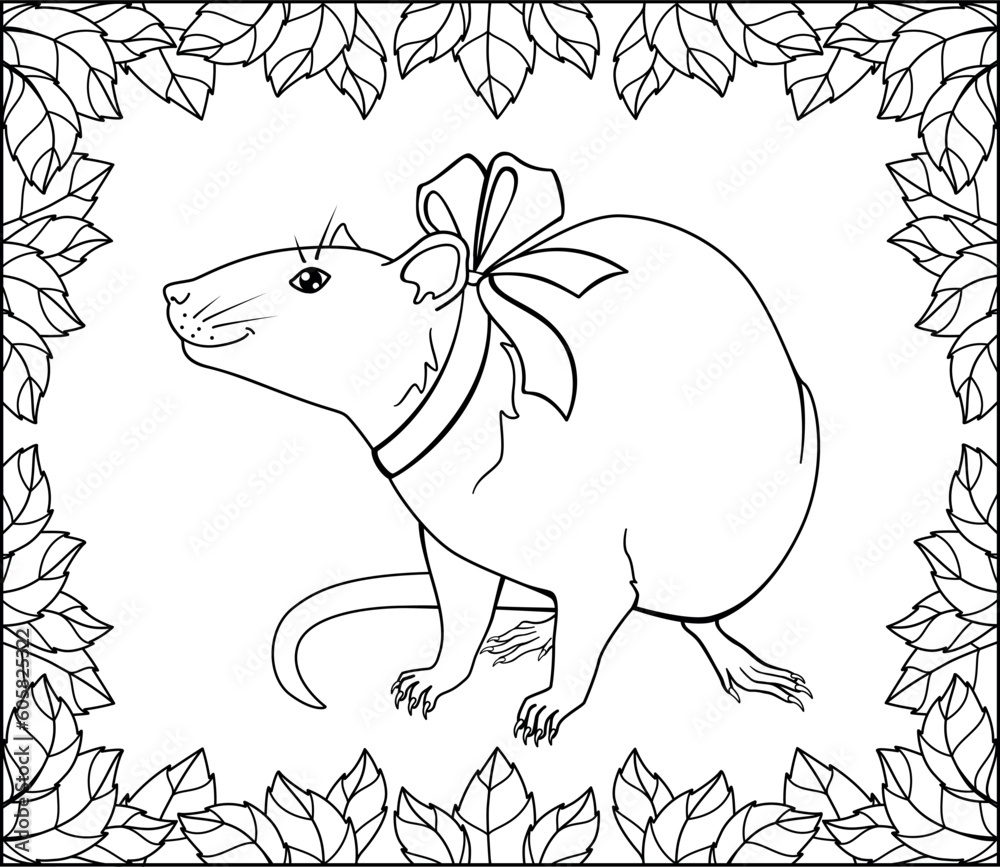 fancy-rat-with-a-bow-around-the-neck-in-a-frame-of-leaves-a-vector