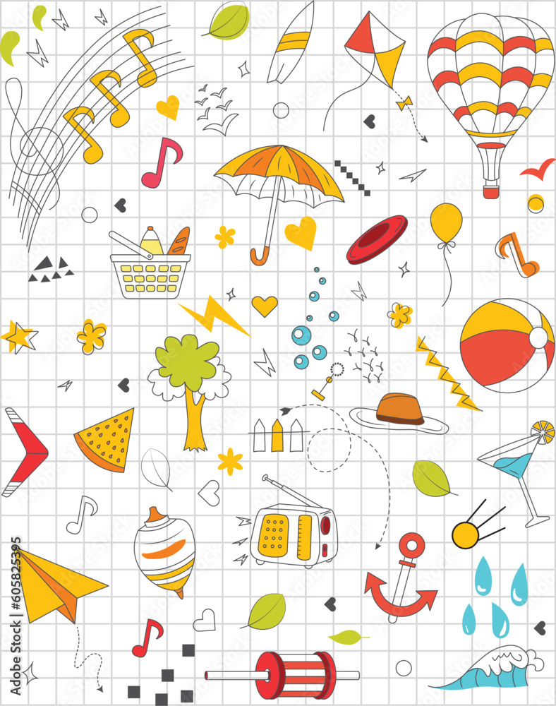 Hand-drawn summer set vector illustration Isolated items on black line background. Leaves, fruits, food, drinks, water, tree, etc. Hand-drawn summer set vector illustration Isolated items on black line background. Leaves, fruits, food, drinks, water, tree, etc.