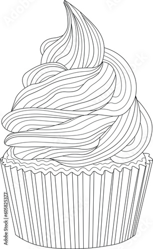 Delicious dessert cupcake vector outline black and white hand-drawn illustration for adults