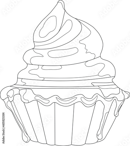 A simple cute cupcake hand-drawn line art coloring book or page for kids or adults.

