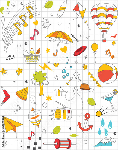 Hand-drawn summer set vector illustration Isolated items on black line background.  Leaves, fruits, food, drinks, water, tree, etc.  