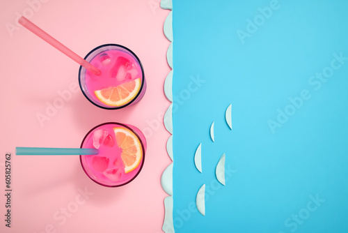 Couple of pastel ice cold cocktails for the worm summer day on the beach