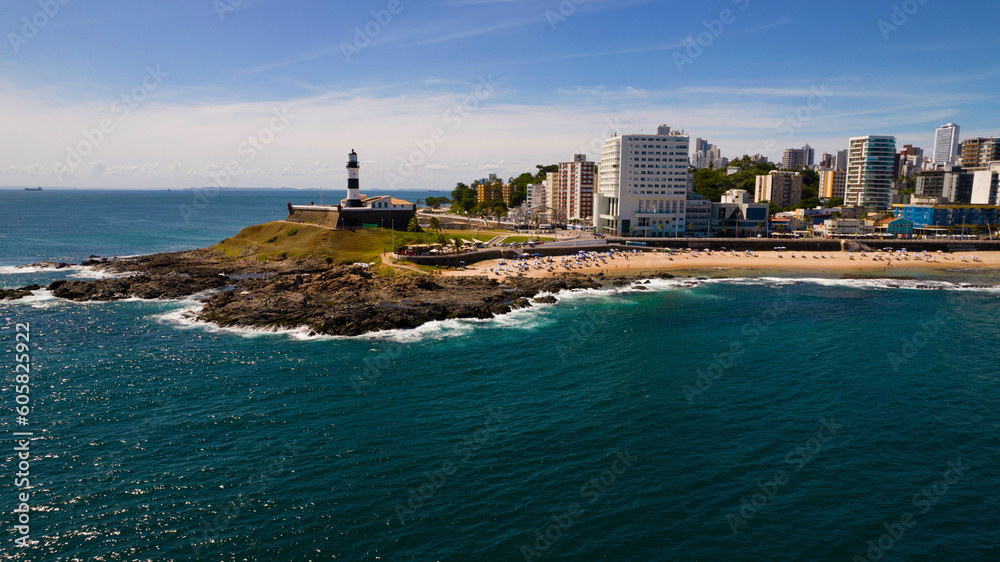 Aerial view of the Barra Lighthouse in Salvador, Bahia, Brazil.