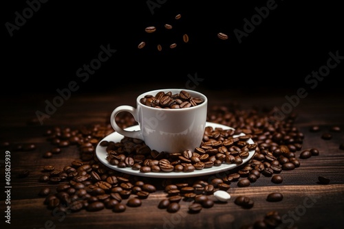 A white cup filled with coffee on a wooden background surrounded by scattered coffee beans. Perfect for Valentine's Day. Generative AI
