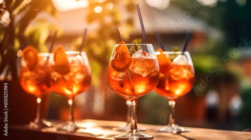 aperol spritz summer drink in glass with tropical background and splash