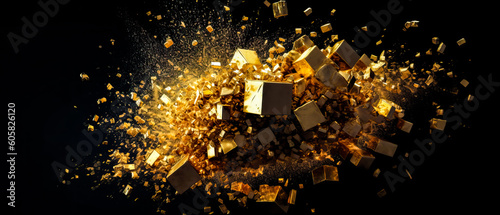 3d rendering of explosion of gold particles. Explosion of golden cubes. Ai generated