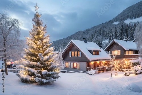 A Christmas-filled village of Santa and his friends, hidden behind mountains surrounded by Christmas trees and snow. In the style of fantasy landscapes. Generative Ai © CosmicAtmoDN