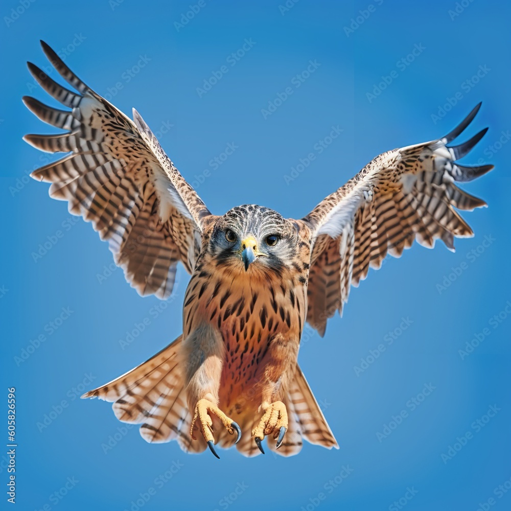 Striking Saker Falcon in Flight against Clear Sky Striking Saker Falcon in Flight against Clear Sky