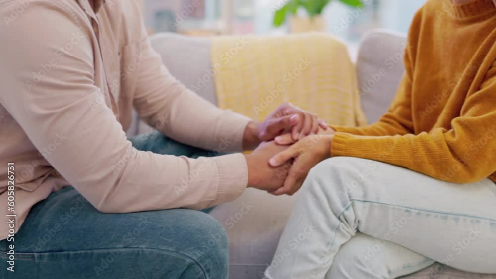 Closeup, couple and people holding hands for love, care and gratitude at home. Life partner, helping hand and loyalty of kindness, commitment and support of trust, hope or respect of empathy together