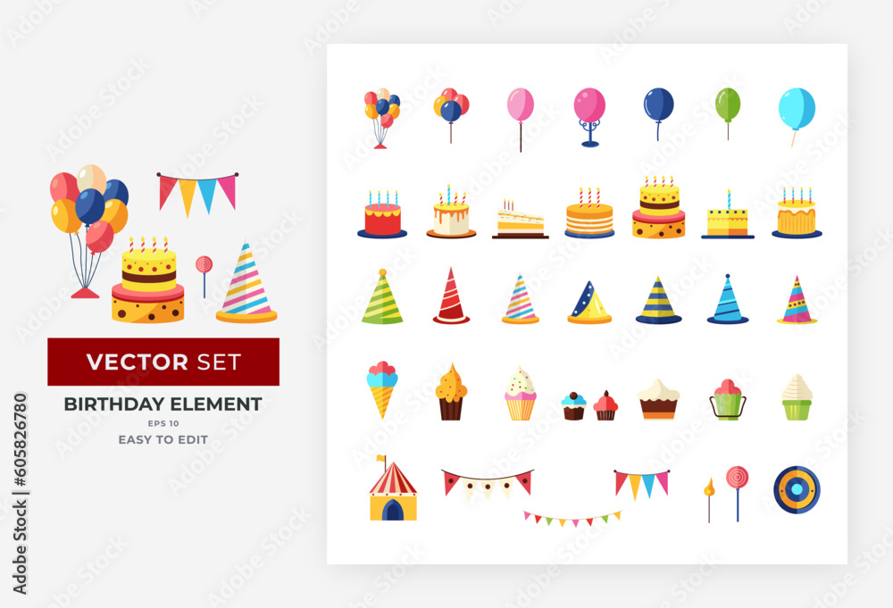 Birthday Elements Set Vector Collection. Various illustrations of children's birthday supplies, birthday cakes, birthday hats, etc. Editable Color Eps 10.