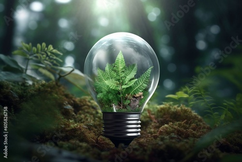 Ecology concept in a light, Eco friendly lightbulb from fresh leaves top vie, concept of Renewable Energy and Sustainable Living. Forestpunk. Generative AI 
