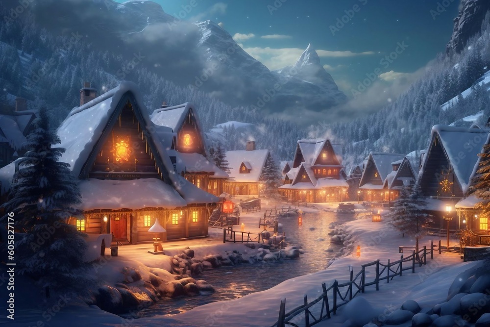 A Christmas-filled village of Santa and his friends, hidden behind mountains surrounded by Christmas trees and snow. In the style of fantasy landscapes. Generative Ai