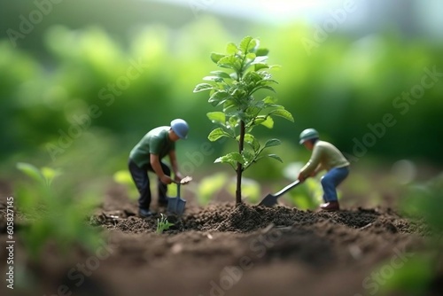 Sustainable Community Engagement, Toy People Planting Tree in Garden for Food Production and Habitat Restoration. Generative Ai