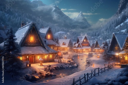 A Christmas-filled village of Santa and his friends, hidden behind mountains surrounded by Christmas trees and snow. In the style of fantasy landscapes. Generative Ai