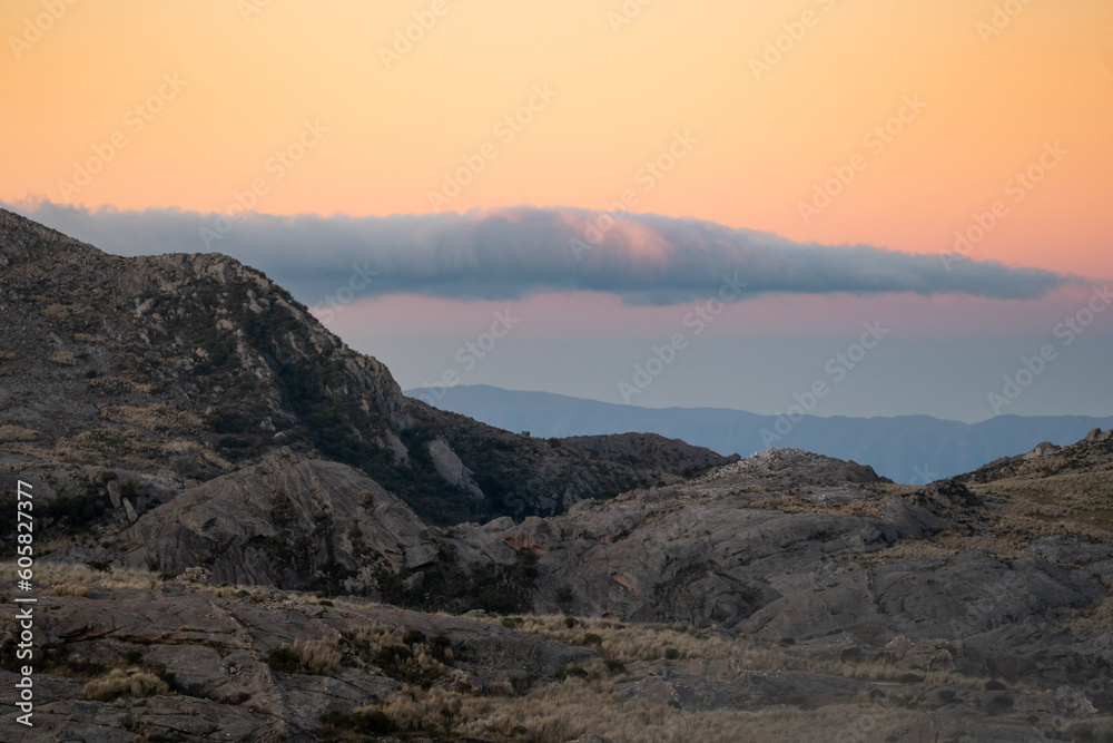 Panoramic view with layers generated by the mountain landscape, sky with clouds, no people, outdoor