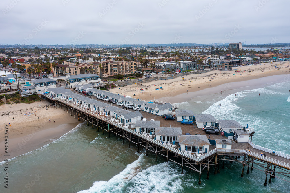 Aerial View of the Crystal Pier in Pacific Beach on an Overcast Day San Diego California