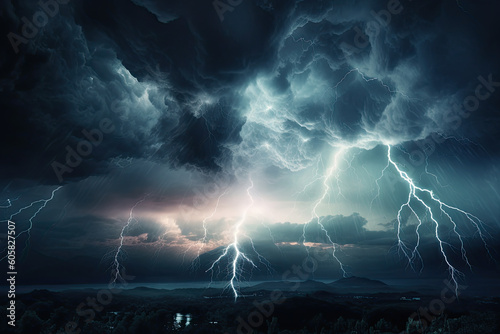 Power and energy of a thunderstorm with dramatic lightning, electrifying bolts of lightning amidst dark clouds, dynamic background, wallpaper, design