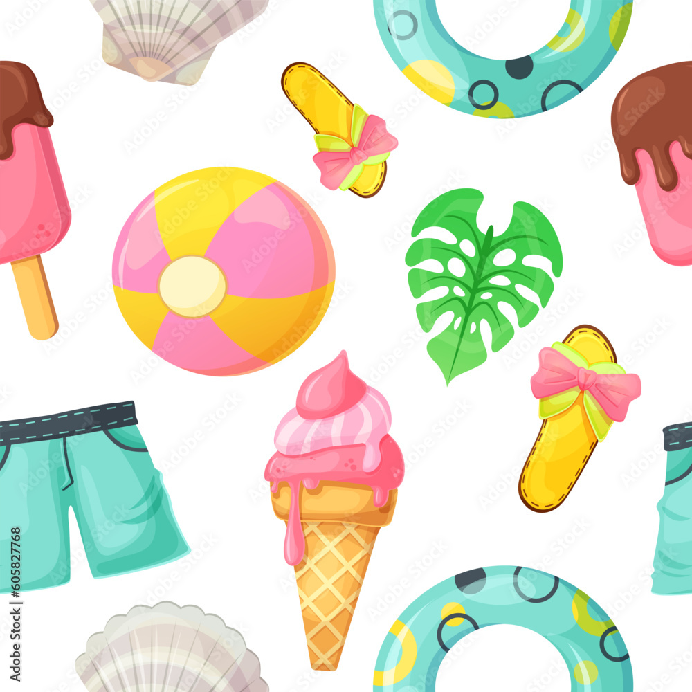 Colorful seamless summer pattern with beach stuff for summer travel. Vacation accessories for sea holidays. Fashion design, vector illustration.