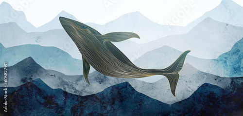 Art background with whale and sea with mountains in watercolor style with gold line elements. Hand drawn vector poster for decor, print, textile, wallpaper, interior design