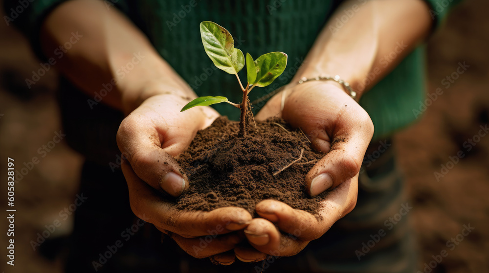 A plant with the earth in its hands. Ecological cooperation. Community unity together protect small sprouts by hand. The future of environmental preservation and sustainable development of ESG moderni